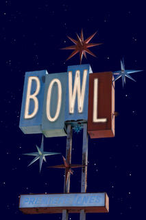 Photo of the sign from Premiere Lanes bowling alley, digitally relit and shown at night