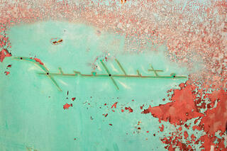 Picture of the emblem of a 1955 DeSoto Fireflite, on fading green paint, peeling to reveal rust colors